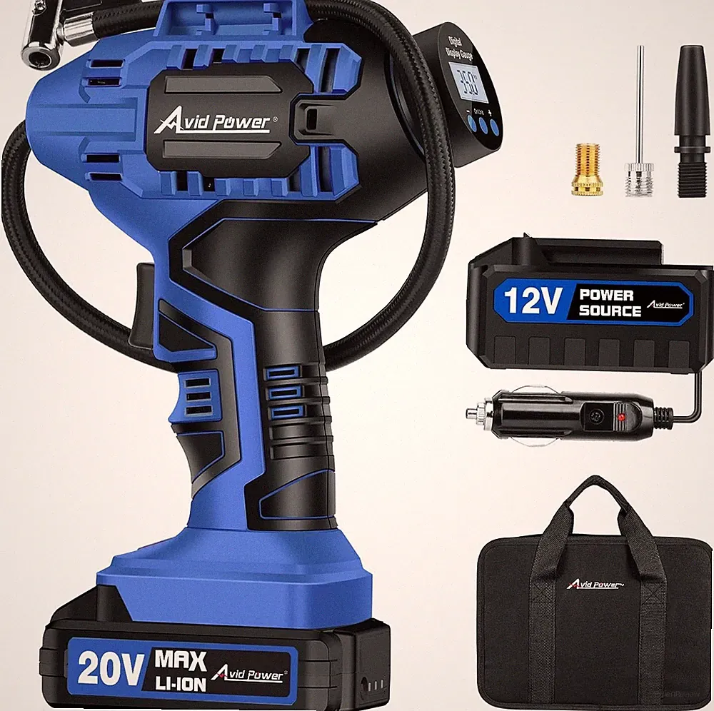 Avid Power 20V Cordless Tire Inflator Air Compressor w/ 12V Adapter Blue