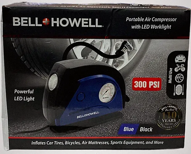 Bell Howell 12V DC Portable Air Compressor w/ LED Worklight 300PSI for Car, Bike