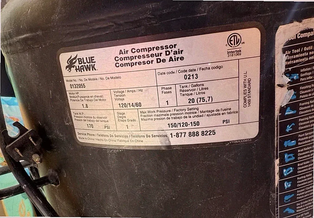 Blue Hawk 0132055 20 Gal Portable Air Compressor 1.8 HP 120V Black 150 PSI