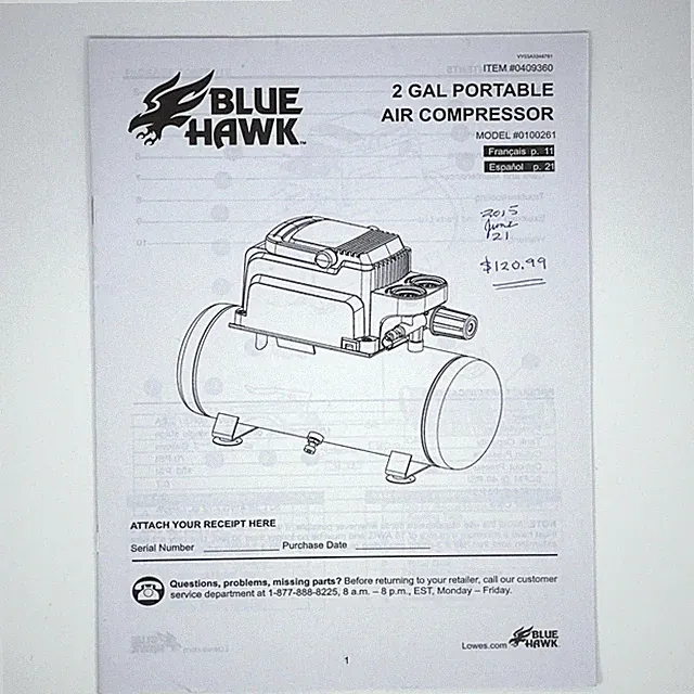 Manual - Blue Hawk 2 Gal Portable Air Compressor - Model 0100261