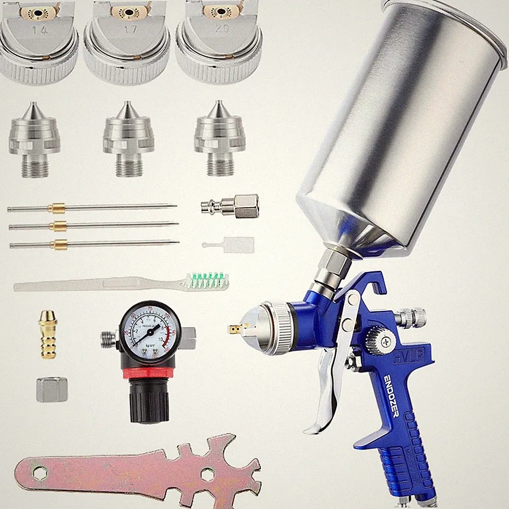 Professional HVLP Gravity Feed Air Spray Gun Set with 1.4 1.7 2.0mm Nozzles, NEW