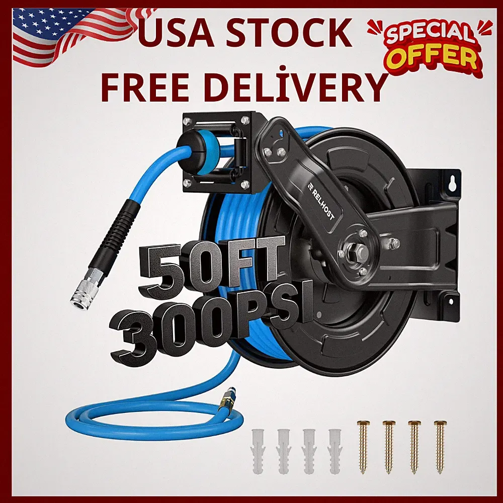 Relhost Retractable Air Hose Reel, 50 ft x 3/8 in Hybrid Max 1, Blue